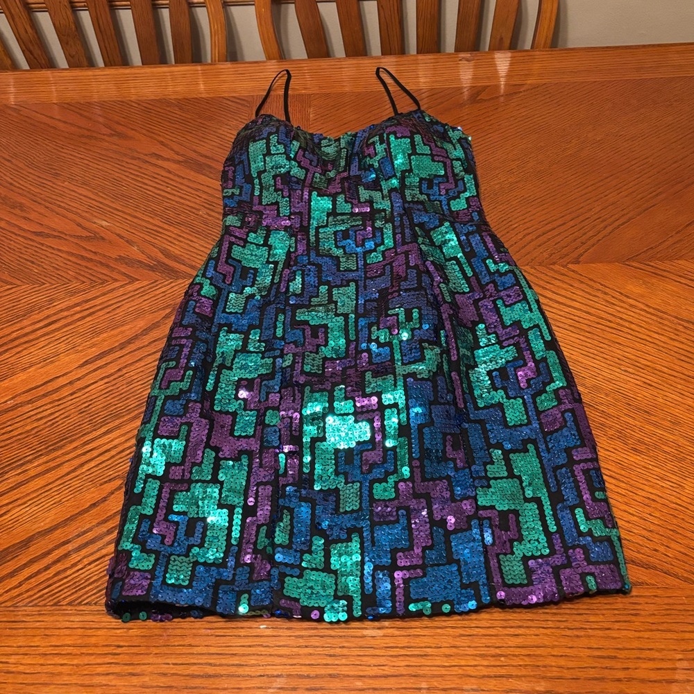 Vintage 90s Sequin Geometric Dress in Blue and Purple